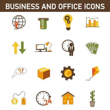 Konuyla ilgili çok renkli düz simgelerin toplanması: iş ve ofis. Beyaz arkaplanda izole.