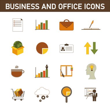 Konuyla ilgili çok renkli düz simgelerin toplanması: iş ve ofis. Beyaz arkaplanda izole.