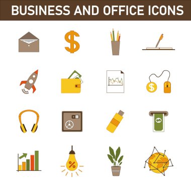 Konuyla ilgili çok renkli düz simgelerin toplanması: iş ve ofis. Beyaz arkaplanda izole.