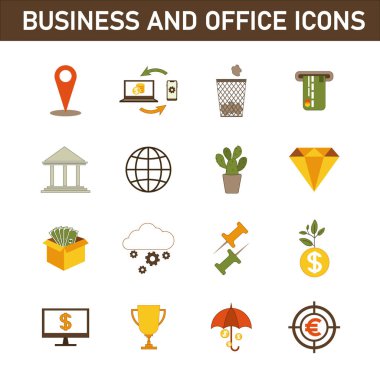 Konuyla ilgili çok renkli düz simgelerin toplanması: iş ve ofis. Beyaz arkaplanda izole.