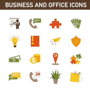 Konuyla ilgili çok renkli düz simgelerin toplanması: iş ve ofis. Beyaz arkaplanda izole.