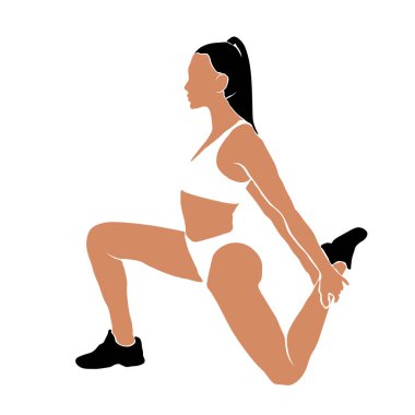 Yoga yapan, esneyen bir kızın duruşu. Beyaz zemin üzerinde düz dizayn vektör illüstrasyonuName.