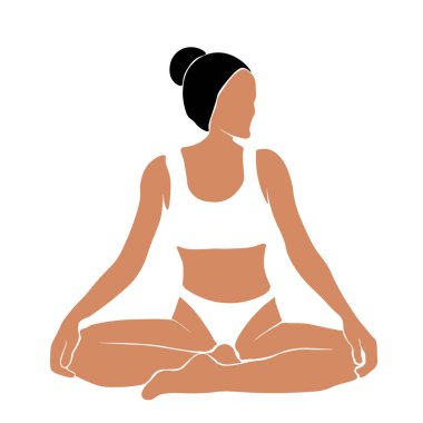 Yoga yapan, esneyen bir kızın duruşu. Beyaz zemin üzerinde düz dizayn vektör illüstrasyonuName.