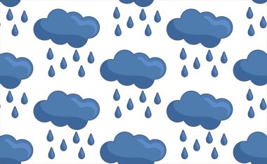 Mavi bulutlu, pürüzsüz orman deseni ve düz bir şekilde beyaz arka planda damlalar. Vektör duvar kağıdı.