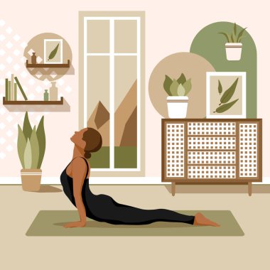 Yoga egzersizleri yapan, meditasyon yapan ve mindere uzanan genç bir kadın. Yoga stüdyosunda ya da evde basit bir kadın karakter. Moda düz vektör illüstrasyonu.