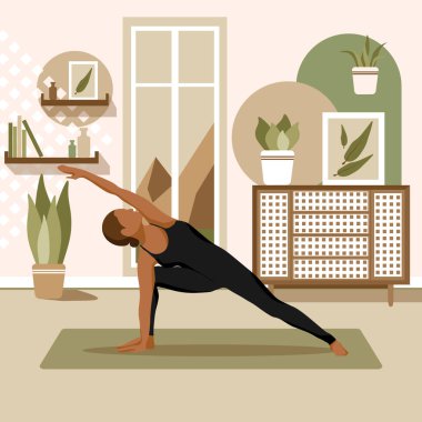 Yoga egzersizleri yapan, meditasyon yapan ve mindere uzanan genç bir kadın. Yoga stüdyosunda ya da evde basit bir kadın karakter. Moda düz vektör illüstrasyonu.