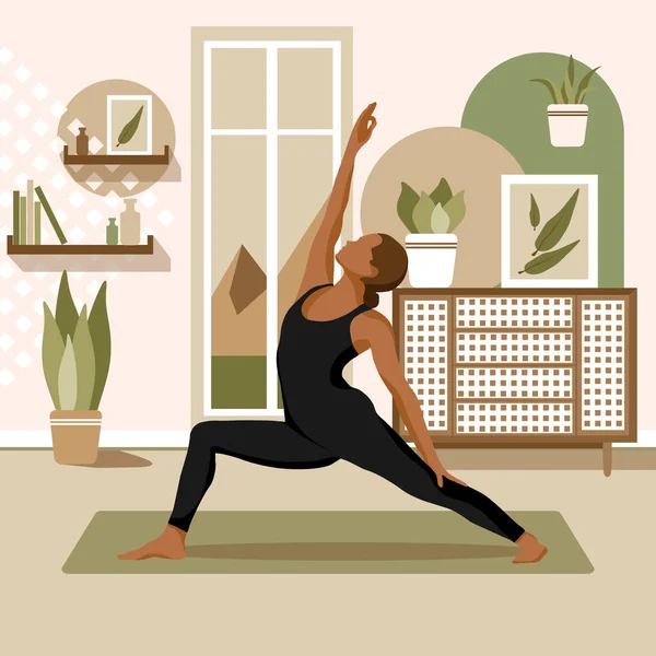 stock vector Young woman doing yoga exercises, practicing meditation and stretching on the mat. Female simple character in yoga studio or home. Trendy flat vector illustration.