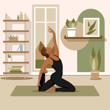 Yoga egzersizleri yapan, meditasyon yapan ve mindere uzanan genç bir kadın. Yoga stüdyosunda ya da evde basit bir kadın karakter. Moda düz vektör illüstrasyonu.