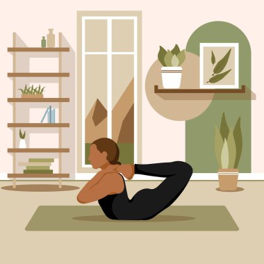 Yoga egzersizleri yapan, meditasyon yapan ve mindere uzanan genç bir kadın. Yoga stüdyosunda ya da evde basit bir kadın karakter. Moda düz vektör illüstrasyonu.