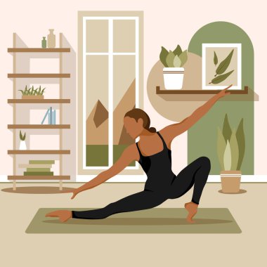 Yoga egzersizleri yapan, meditasyon yapan ve mindere uzanan genç bir kadın. Yoga stüdyosunda ya da evde basit bir kadın karakter. Moda düz vektör illüstrasyonu.