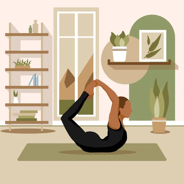 Jonge Vrouw Doet Yoga Oefeningen Beoefent Meditatie Strekt Zich Uit — Stockvector