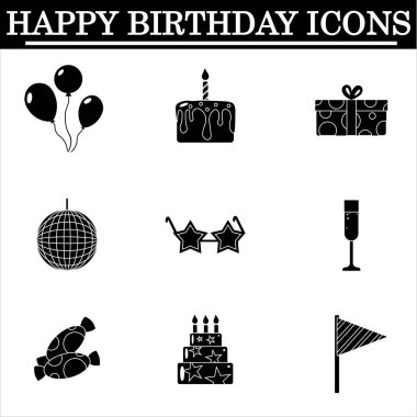 Beyaz arkaplanda basit doğum günü simgeleri seti. Siyah simgeleri kutlayın. İzole vektör.