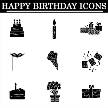 Beyaz arkaplanda basit doğum günü simgeleri seti. Siyah simgeleri kutlayın. İzole vektör.