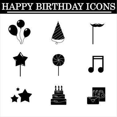 Beyaz arkaplanda basit doğum günü simgeleri seti. Siyah simgeleri kutlayın. İzole vektör.