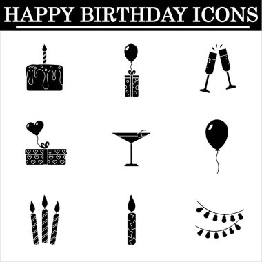 Beyaz arkaplanda basit doğum günü simgeleri seti. Siyah simgeleri kutlayın. İzole vektör.