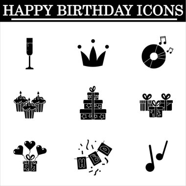 Beyaz arkaplanda basit doğum günü simgeleri seti. Siyah simgeleri kutlayın. İzole vektör.