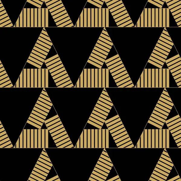 Abstract geometric pattern with triangle and stripes on black background. A seamless vector background. Graphic modern pattern. Black and gold pattern.