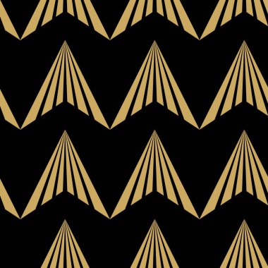 Siyah zemin üzerinde üçgen olan soyut geometrik desen. Kusursuz bir vektör arka planı. Grafiksel modern model. Siyah ve altın desenli.