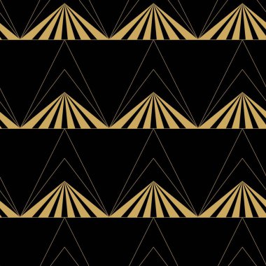 Siyah zemin üzerinde üçgen ve çizgiler olan soyut geometrik desen. Kusursuz bir vektör arka planı. Grafiksel modern model. Siyah ve altın desenli.
