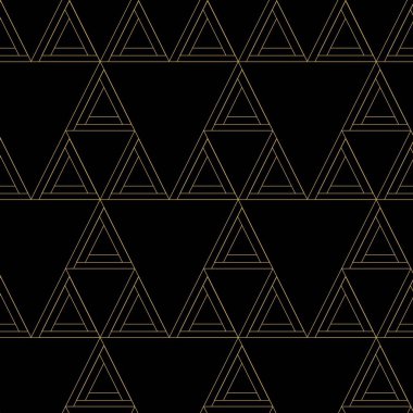 Siyah zemin üzerinde üçgen ve çizgiler olan soyut geometrik desen. Kusursuz bir vektör arka planı. Grafiksel modern model. Siyah ve altın desenli.