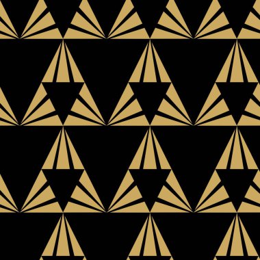 Siyah zemin üzerinde üçgen olan soyut geometrik desen. Kusursuz bir vektör arka planı. Grafiksel modern model. Siyah ve altın desenli.
