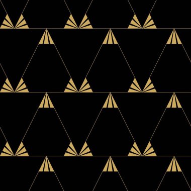 Siyah zemin üzerinde çizgiler ve çizgiler olan soyut geometrik desen. Kusursuz bir vektör arka planı. Grafiksel modern model. Siyah ve altın desenli.