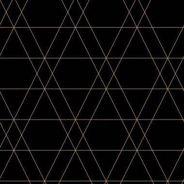 Siyah zemin üzerinde üçgen ve elmaslar, çizgiler ve çizgiler olan soyut geometrik desen. Kusursuz bir vektör arka planı. Grafiksel modern model. Siyah ve altın desenli.