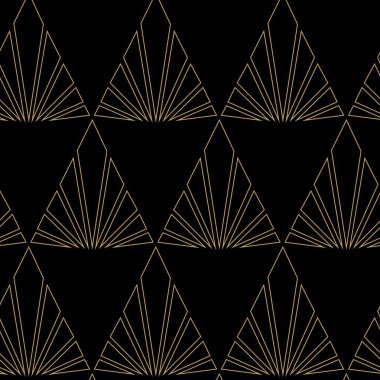 Siyah zemin üzerinde çizgiler ve çizgiler olan soyut geometrik desen. Kusursuz bir vektör arka planı. Grafiksel modern model. Siyah ve altın desenli.