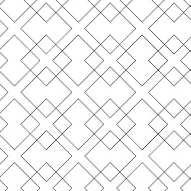 Kareler, çizgiler ve çizgilerle soyut geometrik desen. Kusursuz vektör arkaplanı. Beyaz ve siyah süs. Modern grafik tasarımı.
