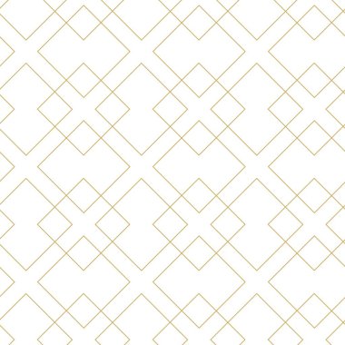 Kareler, çizgiler ve çizgilerle soyut geometrik desen. Kusursuz vektör arkaplanı. Beyaz ve altın süs. Modern grafik tasarımı.