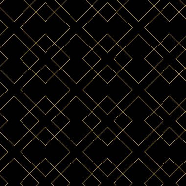 Kareler, çizgiler ve çizgilerle soyut geometrik desen. Kusursuz vektör arkaplanı. Siyah ve altın süs. Modern grafik tasarımı.
