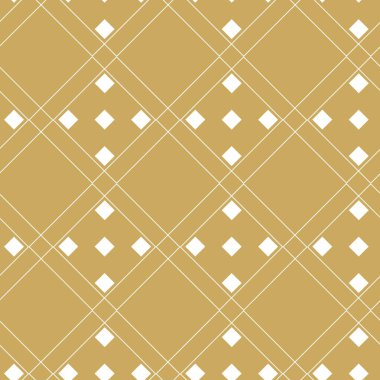 Kareler, çizgiler ve çizgilerle soyut geometrik desen. Kusursuz vektör arkaplanı. Beyaz ve altın süs. Modern grafik tasarımı.