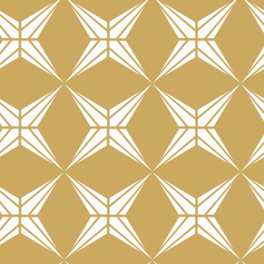 Çizgili ve çizgili soyut geometrik desen. Kusursuz vektör arkaplanı. Beyaz ve altın çiçekli süs. Modern retiküle grafik tasarımı.