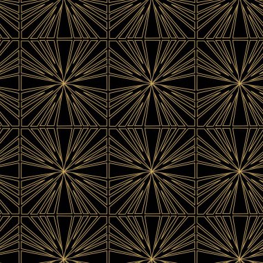 Çizgili ve çizgili soyut geometrik desen. Kusursuz vektör arkaplanı. Siyah ve altın çiçekli süs. Modern retiküle grafik tasarımı.