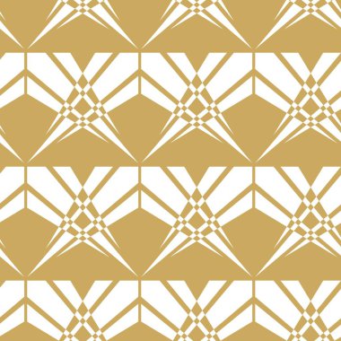 Çizgili ve çizgili soyut geometrik desen. Kusursuz vektör arkaplanı. Beyaz ve altın süs. Modern retiküle grafik tasarımı.
