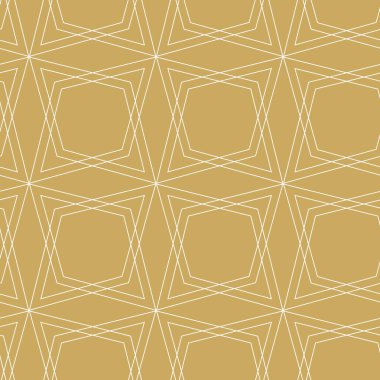 Yıldızlı, çizgili, çizgili soyut geometrik desen. Kusursuz vektör arkaplanı. Beyaz ve altın çiçekli süs. Modern retiküle grafik tasarımı.