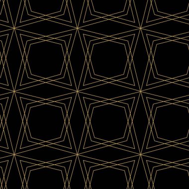Yıldızlı, çizgili, çizgili soyut geometrik desen. Kusursuz vektör arkaplanı. Siyah ve altın çiçekli süs. Modern retiküle grafik tasarımı.