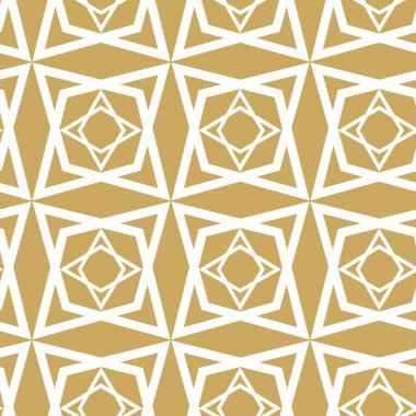 Yıldızlı, çizgili, çizgili soyut geometrik desen. Kusursuz vektör arkaplanı. Beyaz ve altın çiçekli süs. Modern retiküle grafik tasarımı.