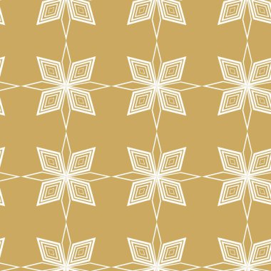 Çizgili ve çizgili soyut geometrik desen. Kusursuz vektör arkaplanı. Beyaz ve altın çiçekli süs. Modern retiküle grafik tasarımı.