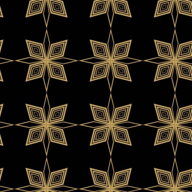 Çizgili ve çizgili soyut geometrik desen. Kusursuz vektör arkaplanı. Siyah ve altın çiçekli süs. Modern retiküle grafik tasarımı.