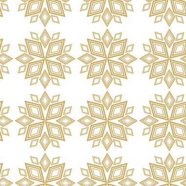 Çizgili ve çizgili soyut geometrik desen. Kusursuz vektör arkaplanı. Beyaz ve altın çiçekli süs. Modern retiküle grafik tasarımı.