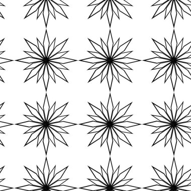 Çizgili ve çizgili soyut geometrik desen. Kusursuz vektör arkaplanı. Beyaz ve siyah çiçek süsü. Modern retiküle grafik tasarımı.