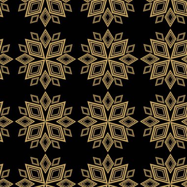 Çizgili ve çizgili soyut geometrik desen. Kusursuz vektör arkaplanı. Siyah ve altın çiçekli süs. Modern retiküle grafik tasarımı.