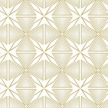 Çizgili ve çizgili soyut geometrik desen. Kusursuz vektör arkaplanı. Beyaz ve altın çiçekli süs. Modern retiküle grafik tasarımı.