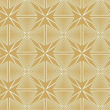 Çizgili ve çizgili soyut geometrik desen. Kusursuz vektör arkaplanı. Beyaz ve altın çiçekli süs. Modern retiküle grafik tasarımı.