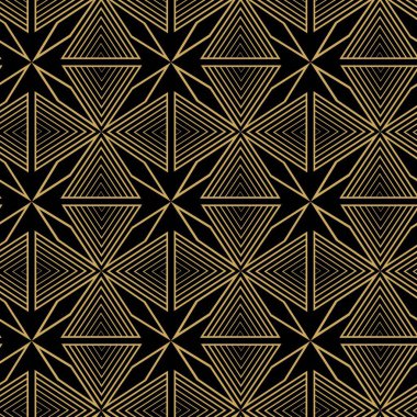 Çizgili ve çizgili soyut geometrik desen. Kusursuz vektör arkaplanı. Siyah ve altın çiçekli süs. Modern retiküle grafik tasarımı.