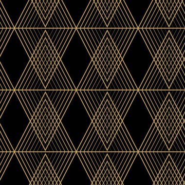 Üçgenleri, çizgileri ve çizgileri olan soyut geometrik desen. Kusursuz vektör arkaplanı. Siyah ve altın süs. Modern retiküle grafik tasarımı.