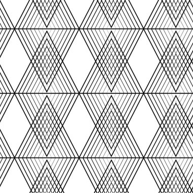 Üçgenleri, çizgileri ve çizgileri olan soyut geometrik desen. Kusursuz vektör arkaplanı. Beyaz ve siyah süs. Modern retiküle grafik tasarımı.