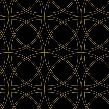 Kavisli, çizgili, çizgili, soyut geometrik desen. Kusursuz vektör arkaplanı. Siyah ve altın çiçekli süs. Modern retiküle grafik tasarımı.