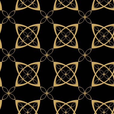 Kavisli, çizgili, çizgili, soyut geometrik desen. Kusursuz vektör arkaplanı. Siyah ve altın çiçekli süs. Modern retiküle grafik tasarımı.